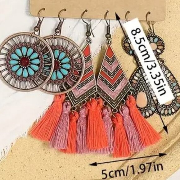 Earrings Turquoise 3pr Enamel Tassel Dangle Gypsy Boho Hippie Native Southwest - Picture 2 of 2